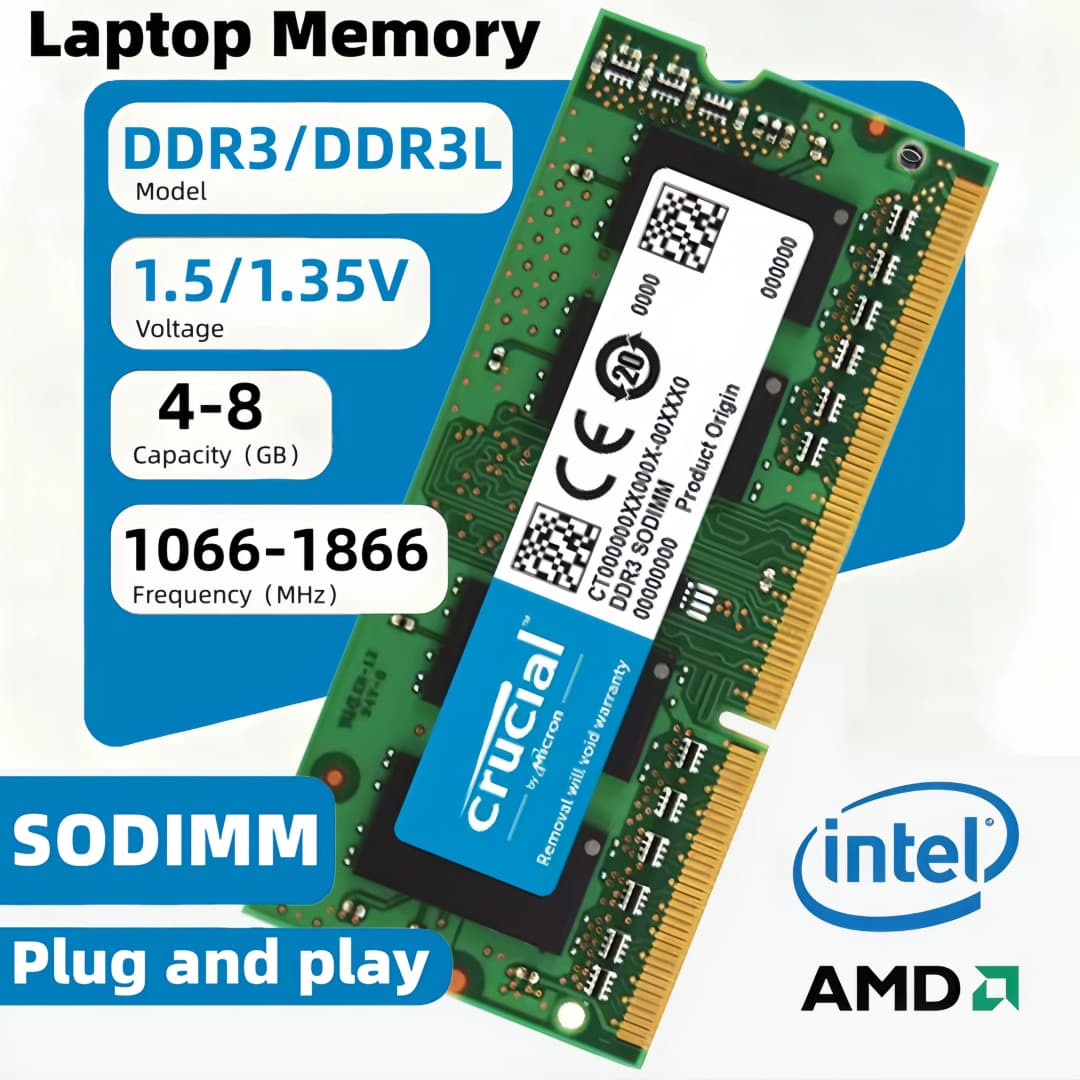 ذاكرة محمول من Crucial DDR3/DDR3L بسعات 4 جيجابايت و 8 جيجابايت بترددات 1333 ميجاهرتز و 1600 ميجاهرتز و 1866 ميجاهرتز SODIMM 1.35V/1.5V متوافقة بالكامل مع أجهزة HP و Dell