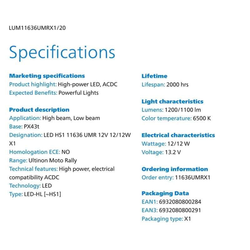 مصابيح أمامية Philips Ultinon Moto Rally HS1 LED للدراجات النارية AC/DC لون أبيض ساطع 6500K مصباح LED عالي ومنخفض PX43t لمبة 11636UMRX1 - 4