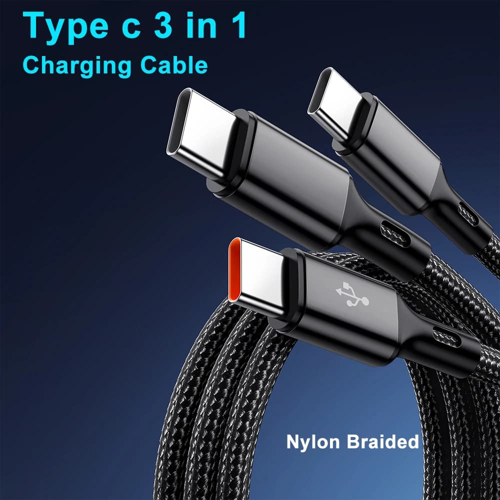 100 واط 6A USB-A إلى 3 × Type-C 3 في 1 كابل شحن سريع لهاتف سامسونج جالاسي S24 Xiaomi Redmi هواوي كابل شحن USB C متعدد المنافذ - 4