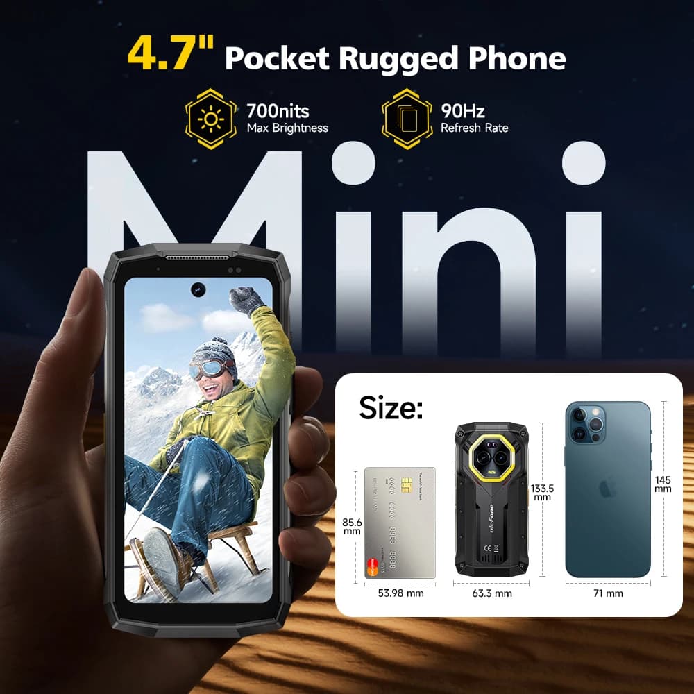 هاتف Ulefone Armor Mini 20 4G بشاشة 4.7 بوصة متين بكاميرا ليلية 64 ميجابكسل ونظام أندرويد 14 وبطارية 6200 مللي أمبير في الساعة وذاكرة 16 جيجابايت + 256 جيجابايت وشحن سريع 33 واط G99 - 6