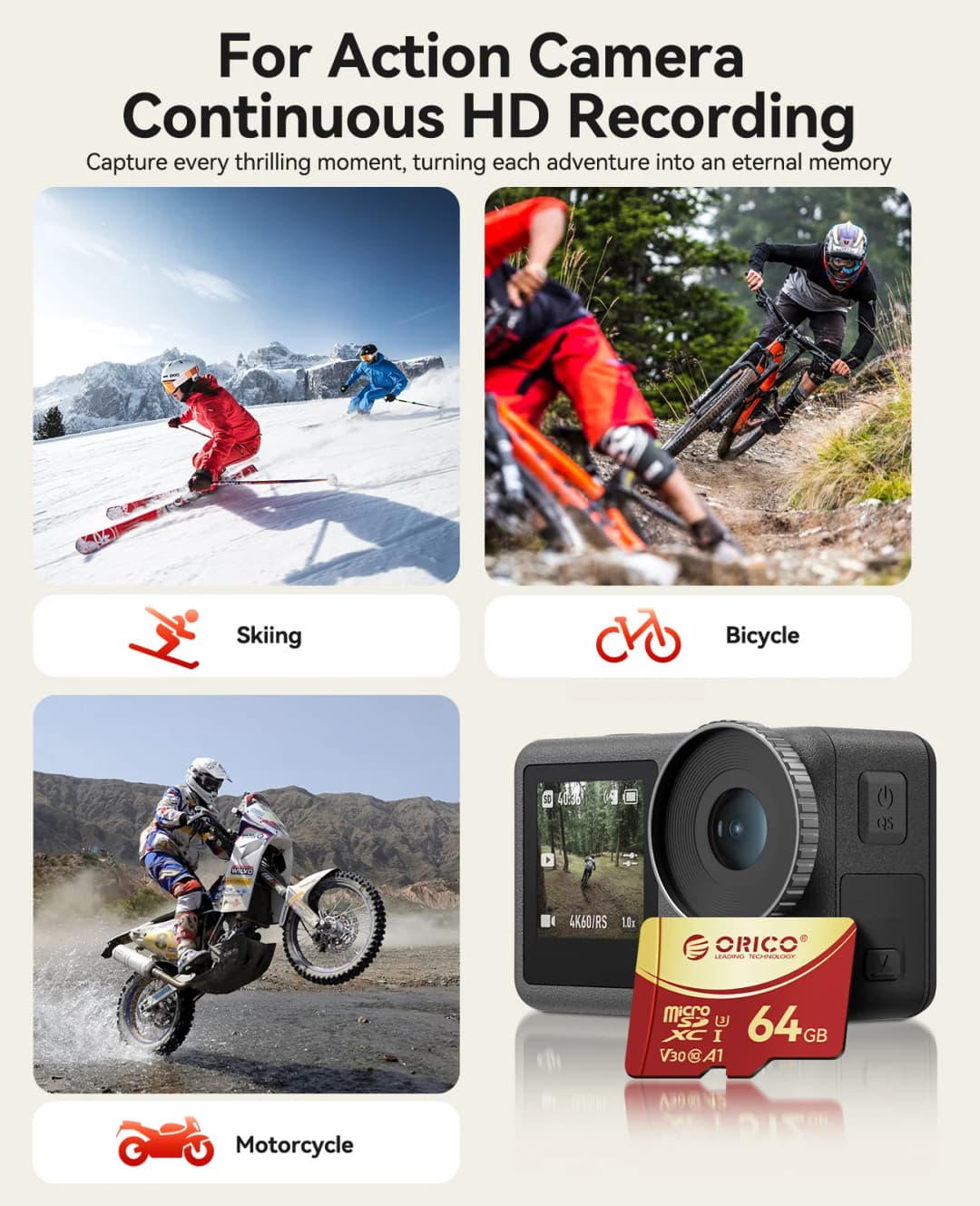 ORICO 64GB microSDXC UHS-I Memory Card, 180MB/s, 4K UHD Recoding, U3, Class10, V30, A1, Micro SD for Action Camera, Dash Cam - 3
