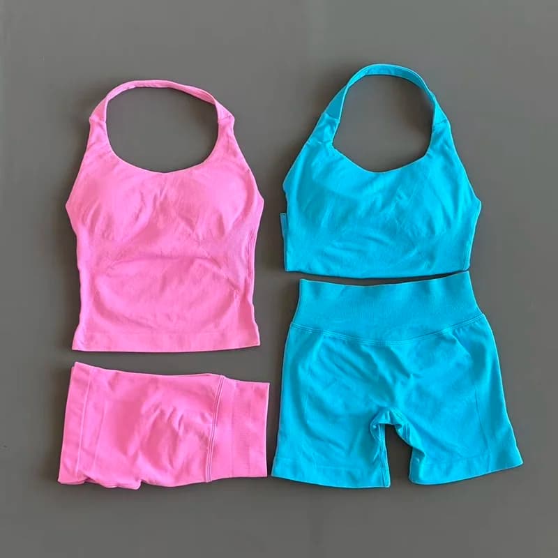 طقم 2 قطعة HISTELLO توب حمالة صدر Strappy شورت ملابس يوجا نسائية بلا خياطة صدرية رافعة للأرداف بنطلون رياضي بدلة جيم - 6
