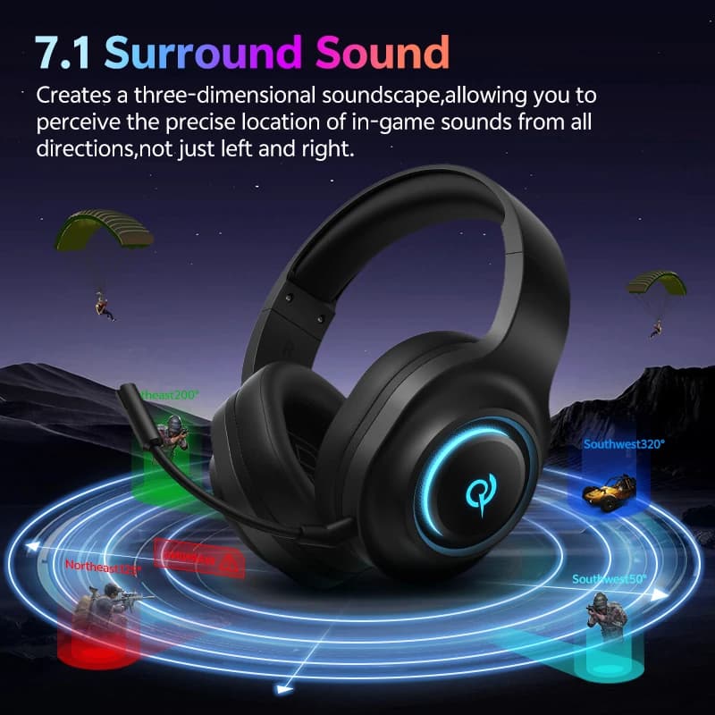 QCY Heroad V200 Gaming Headset Bluetooth 6.0 with Mic 50mm Driver 7.1 Surround Sound RGB Over Ear Headphones for PC Laptop PS4/5 - 3