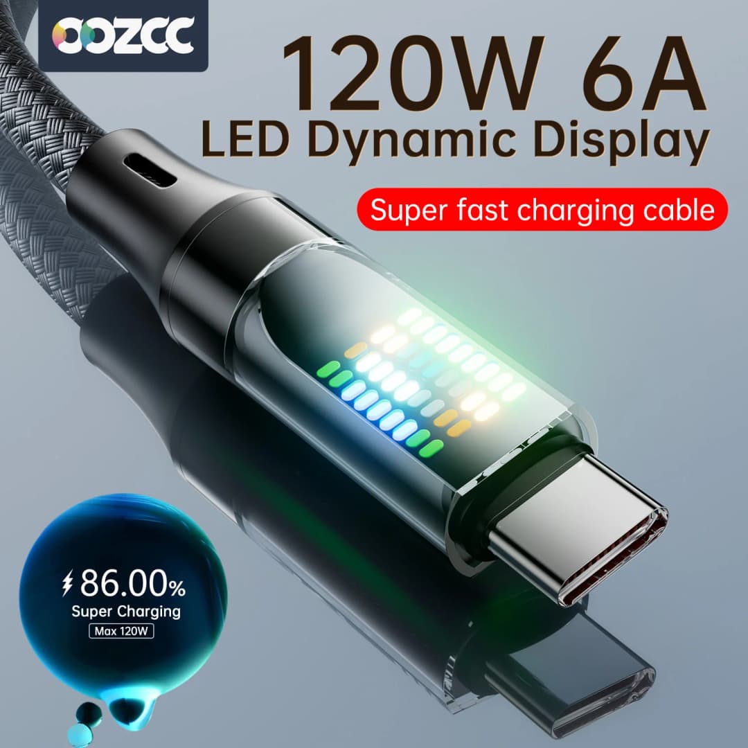 OOZCC 120 واط نوع C كابل شحن سريع 6A USBA إلى نوع C سلك بيانات النايلون لشاومي سامسونج مع شاشة Led كابل USB C