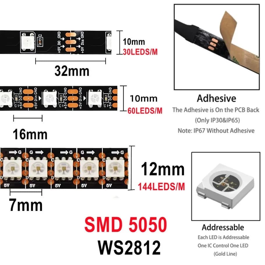 شريط إضاءة LED ذكي WS2812B 5050 RGBIC مع IC قابل للعنونة الفردية 30/60/144 بكسل/LED/م DC5V أسود مقاوم للماء IP30/67 - 2