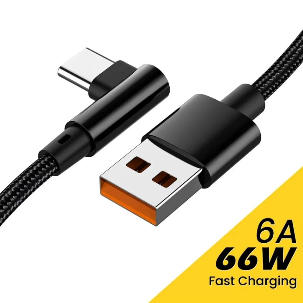 كابل USB C بزاوية 90 درجة بقوة 66 واط و6 أمبير، كابل شحن سريع لاجهزة شاومي وأونور وهواوي وون بلس وريال مي، كابل بيانات من النايلون