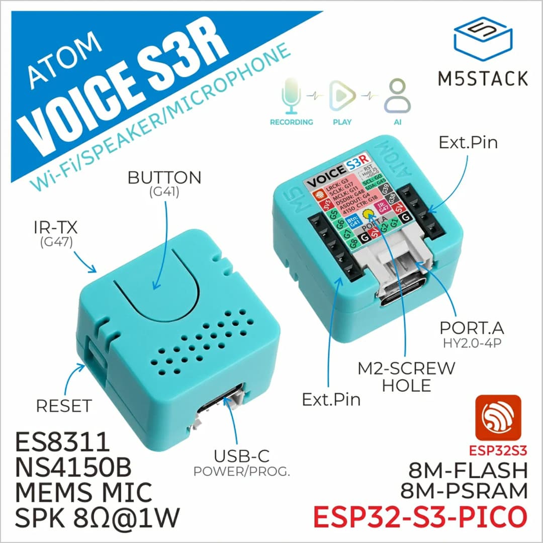 مجموعة تطوير مكبر صوت ذكي M5Stack أتوم VoiceS3R رسمية لمساعد المنزل تحكم صوتي قابل للبرمجة متحكم تفاعل إنترنت الأشياء