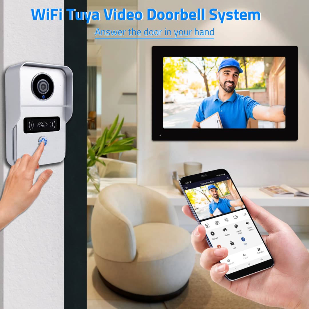 نظام جرس باب فيديو لاسلكي WiFi، كاميرا باب بدقة 1080P، شاشة لمس 7 بوصة، إنتركوم فيديو ببطاقة 32GB للمنزل 4 أسلاك - 2