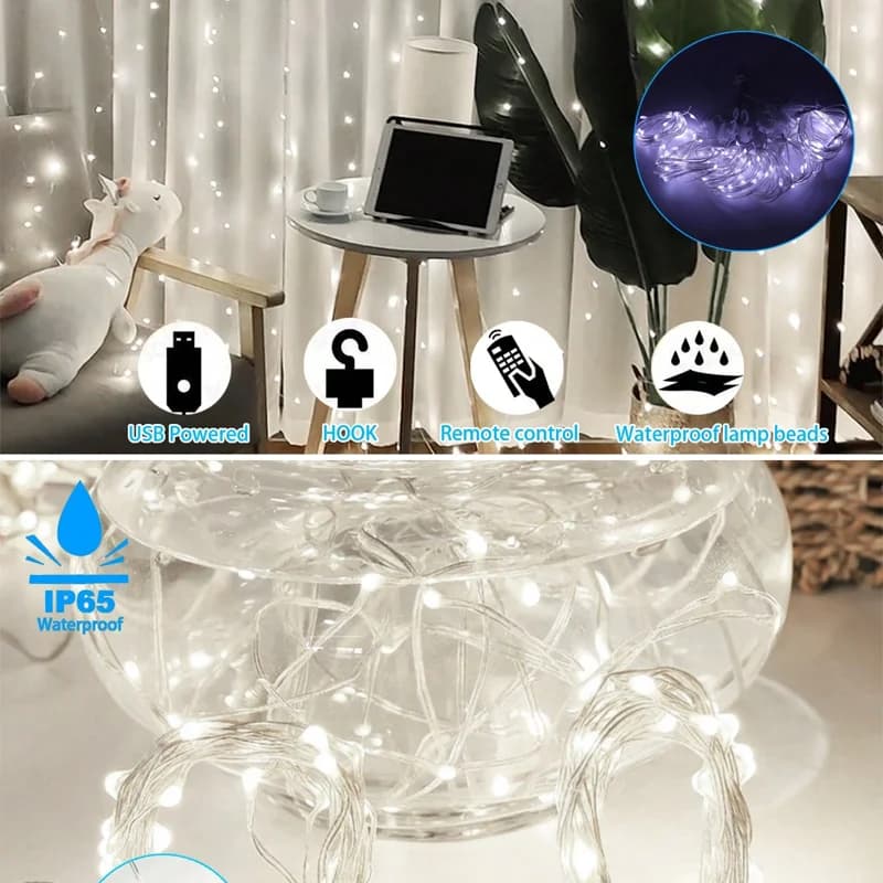 ستائر LED بطول 3/9 متر مع 8 أوضاع، تحكم عن بعد، إضاءة سلسلة للزفاف والعطلات، ديكور لغرف النوم والمعيشة - 4