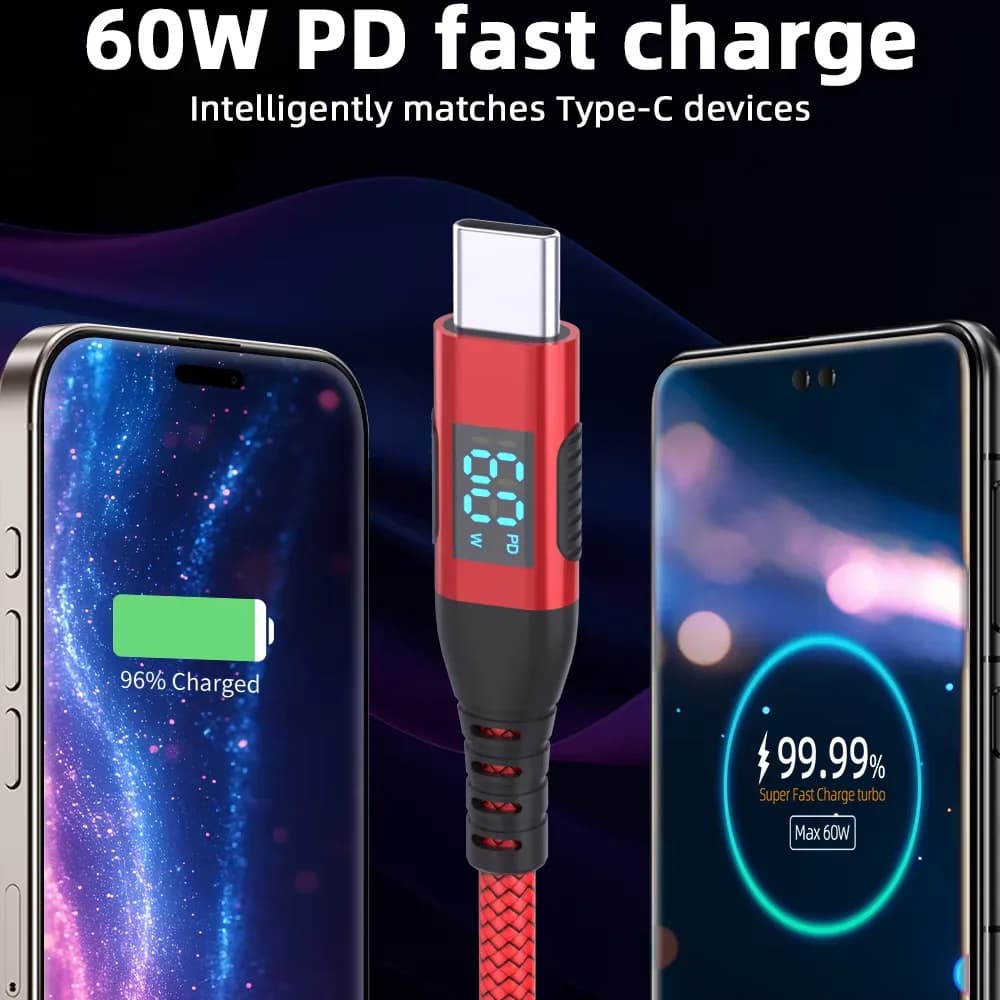 كابل عالي الجودة USB إلى Type C 60W سلك شحن سريع مع شاشة LED لهواتف Xiaomi وSamsung وأجهزة الكمبيوتر المحمولة كابل USB C بطول 1م و2م و3م - 6