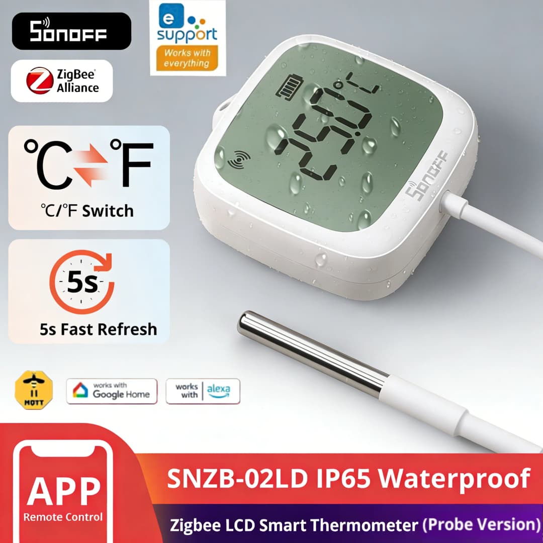 سونوف SNZB-02LD ميزان حرارة زيجبي مع مسبار مقاوم للماء IP65 للثلاجة وحوض السمك وخزان الأسماك وقبو النبيذ يحتاج إلى هاب