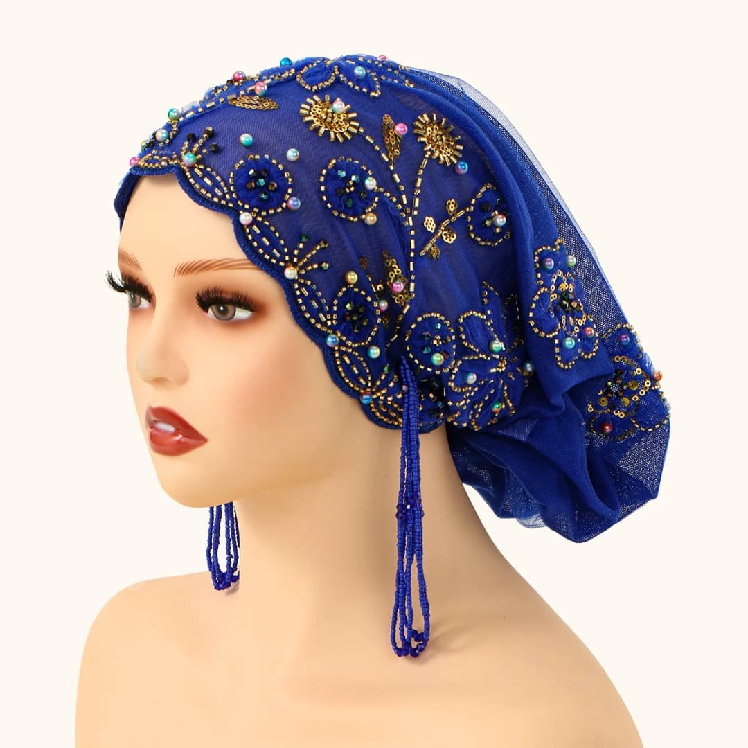 قبعة نسائية إسلامية من الدانتيل واللؤلؤ، قماش شبكي مع خرز أكريليك مطرز، قبعة نسائية عربية لدبي