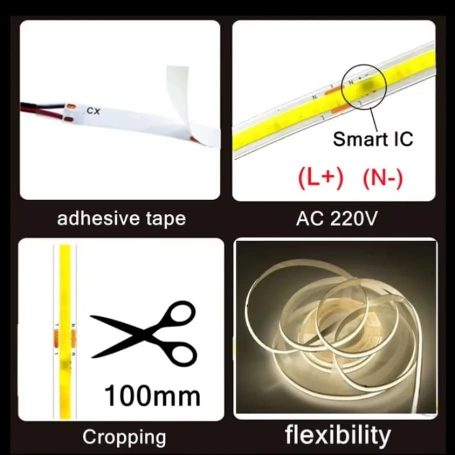 أضواء شريطية مرنة 1-5 متر، 220V، أضواء LED COB مع IC ذكي، لا تحتاج إلى محول، إضاءة خطية عالية السطوع 240 LED، إضاءة بيضاء دافئة RA95 - 4