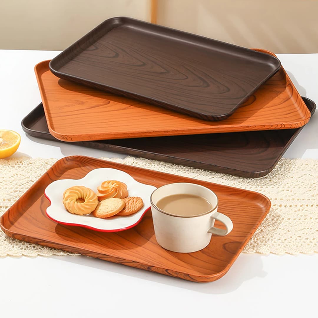 Wood Grain Plastic Food Serving Tray Stackable Dessert Fruit Tray Tea Tray Large Capacity Storage Tray Kitchen Stoage Organizer - 2