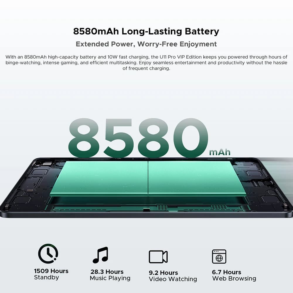 جهاز لوحي DOOGEE U11 Pro بنظام أندرويد 15، سعة 30 جيجابايت (6+24)، 256 جيجابايت، شاشة 11 بوصة بدقة HD ومعدل تحديث 90 هرتز، بطارية 8580 مللي أمبير، معالج Unisoc T7200 ثماني النواة، Widevine L1 - 6