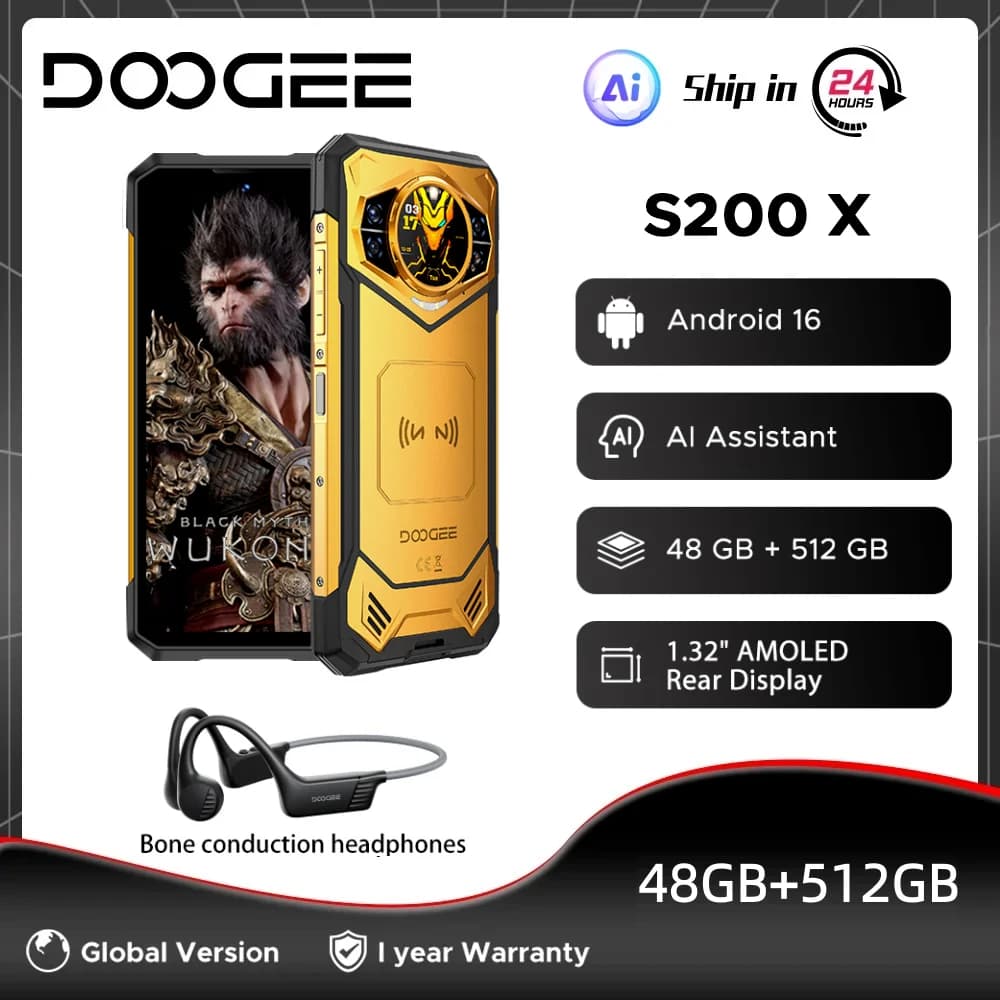 هاتف DOOGEE S200 X 5G المتين بنظام أندرويد 16، ذاكرة 48 جيجابايت + 512 جيجابايت، شاشة 6.72 بوصة FHD+ بمعدل تحديث 120 هرتز، معالج Dimensity 7050، بطارية 10100 مللي أمبير، كاميرا 100 ميجابكسل، مساعد ذكاء اصطناعي، NFC