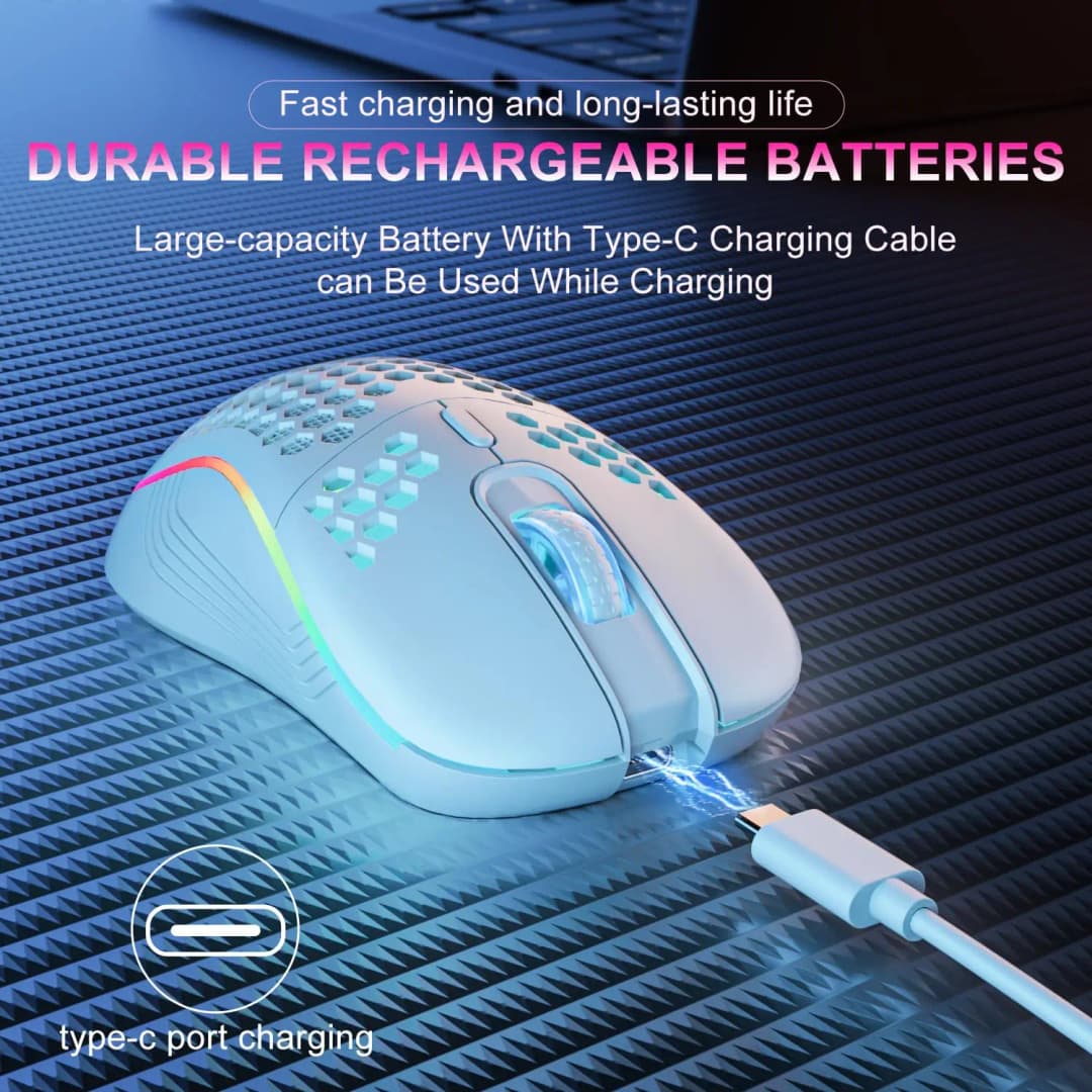 ماوس لاسلكي 2.4 جيجاهرتز مع إضاءة RGB خلفية، 6 أزرار، 3 مستويات DPI، منفذ Type C، ماوس ألعاب مريح بتصميم قرص العسل قابل لإعادة الشحن - 5