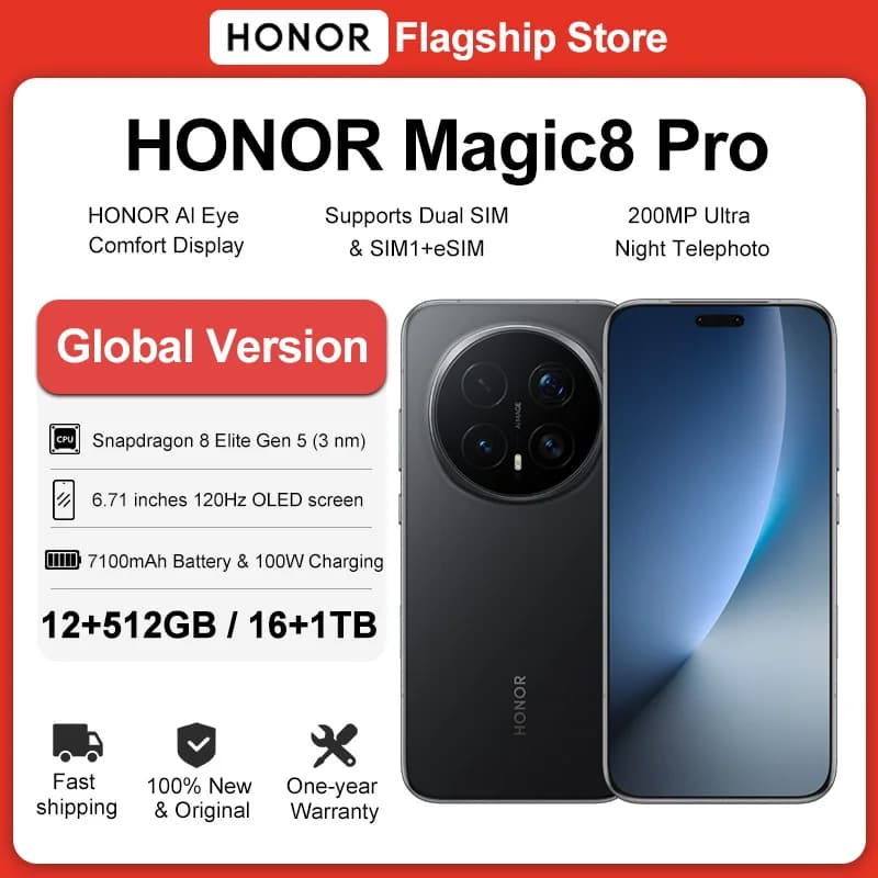 نسخة عالمية هونر ماجيك8 برو 5G هاتف ذكي ماجيك 8 برو سنابدراجون 8 إيليت الجيل 5 شاشة OLED 6.71'' بطارية 7100 مللي أمبير شحن 100 واط