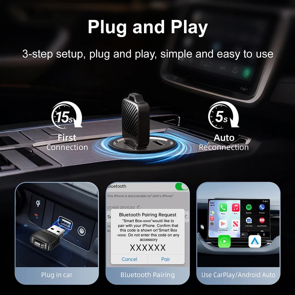 محول صغير 2 في 1 AI Box من سلكي إلى لاسلكي Carplay وAndroid Auto متوافق مع 99% من السيارات، توصيل وتشغيل، دونجل واي فاي ذكي - 4