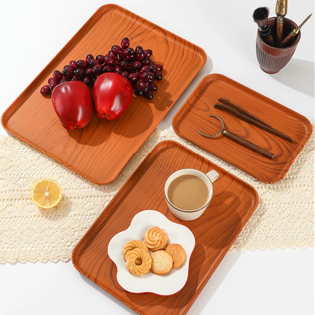 Wood Grain Plastic Food Serving Tray Stackable Dessert Fruit Tray Tea Tray Large Capacity Storage Tray Kitchen Stoage Organizer - 4
