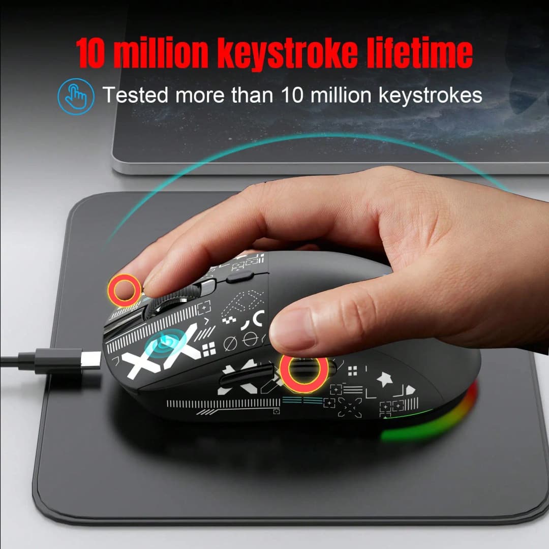 ماوس ألعاب HXSJ T90 بإضاءة خلفية RGB، سلكي وبلوتوث 2.4G، بطارية 650mAh، 500 مليون نقرة، حتى 4000 DPI - 6