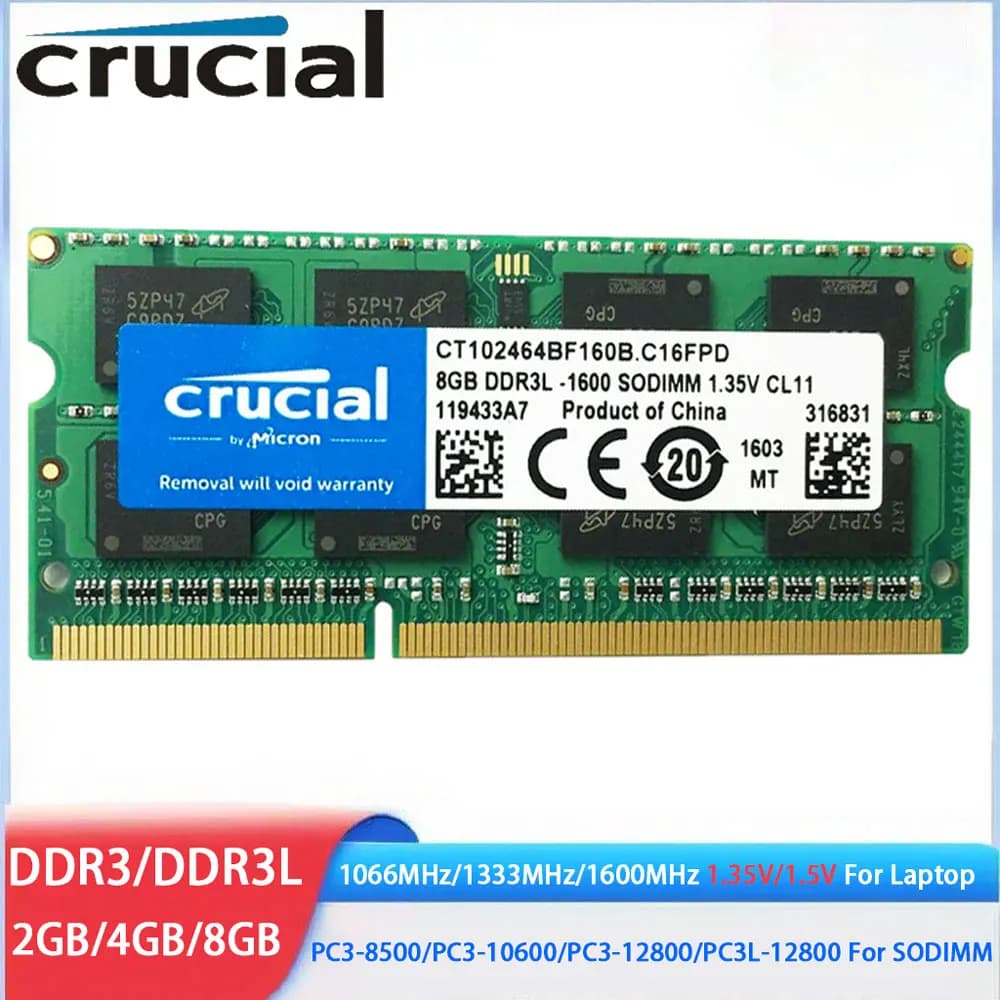 ذاكرة رام كروشيال DDR3 DDR3L بسعة 8 جيجابايت و4 جيجابايت و2 جيجابايت بتردد 1066 و1333 و1600 ميجاهرتز، 204pin، 1.35V/1.5V، PC3-12800 SODIMM لاجهزة اللابتوب والنت بوك