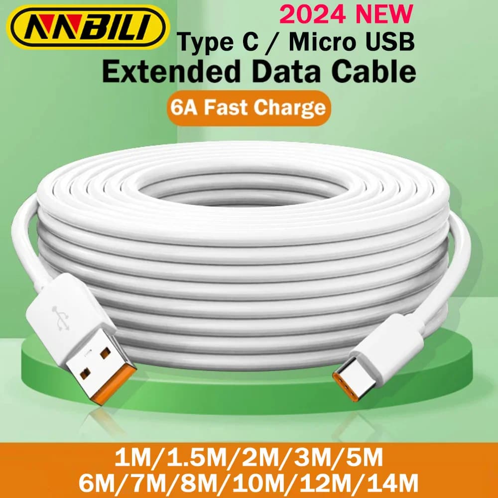 NNBILI 2024 جديد كابل شحن طويل إضافي 1M-14M مايكرو/نوع C USB C ل Xiaomi هواوي PS4/5 كاميرا VR هواتف أندرويد عالمية