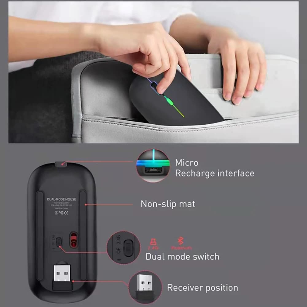 ماوس ألعاب لاسلكي مريح مع إضاءة خلفية RGB، قابل لإعادة الشحن، صامت، متوافق مع USB، مناسب للكمبيوتر المحمول والكمبيوتر الشخصي - 6