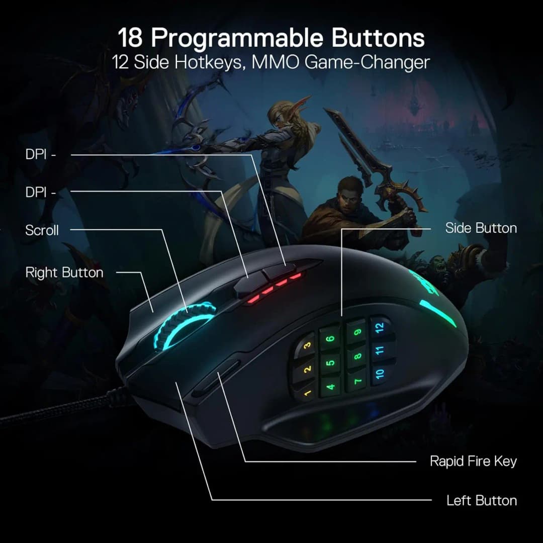 ماوس ألعاب سلكي Redragon M908 بإضاءة LED خلفية RGB، 18 زرًا قابل للبرمجة، دقة 12400 DPI - 5