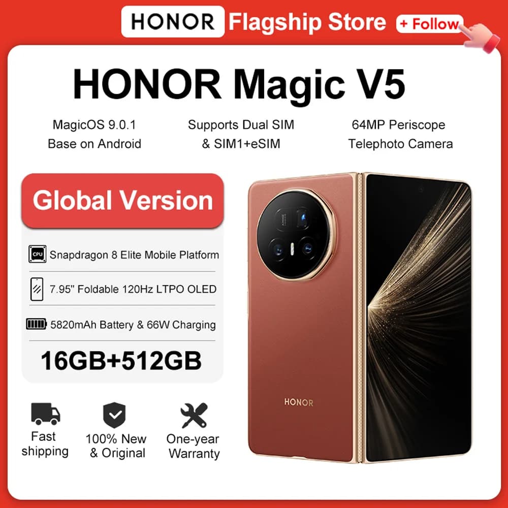 إصدار عالمي هونر ماجيك V5، 16 جيجابايت رام + 512 جيجابايت، هاتف قابل للطي، معالج سنابدراجون 8 إيليت، شاشة OLED 7.95 بوصة، بطارية 5820 مللي أمبير، شحن 66 واط، NFC