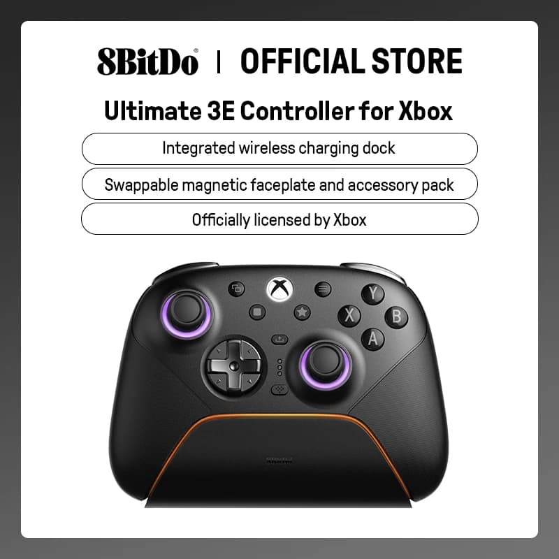 وحدة تحكم لاسلكية 8BitDo Ultimate 3E لـ Xbox وPC وأندرويد وآبل، مع أجزاء قابلة للتبديل، وعصي تحكم TMR، ومشغلات هول مع توقفين