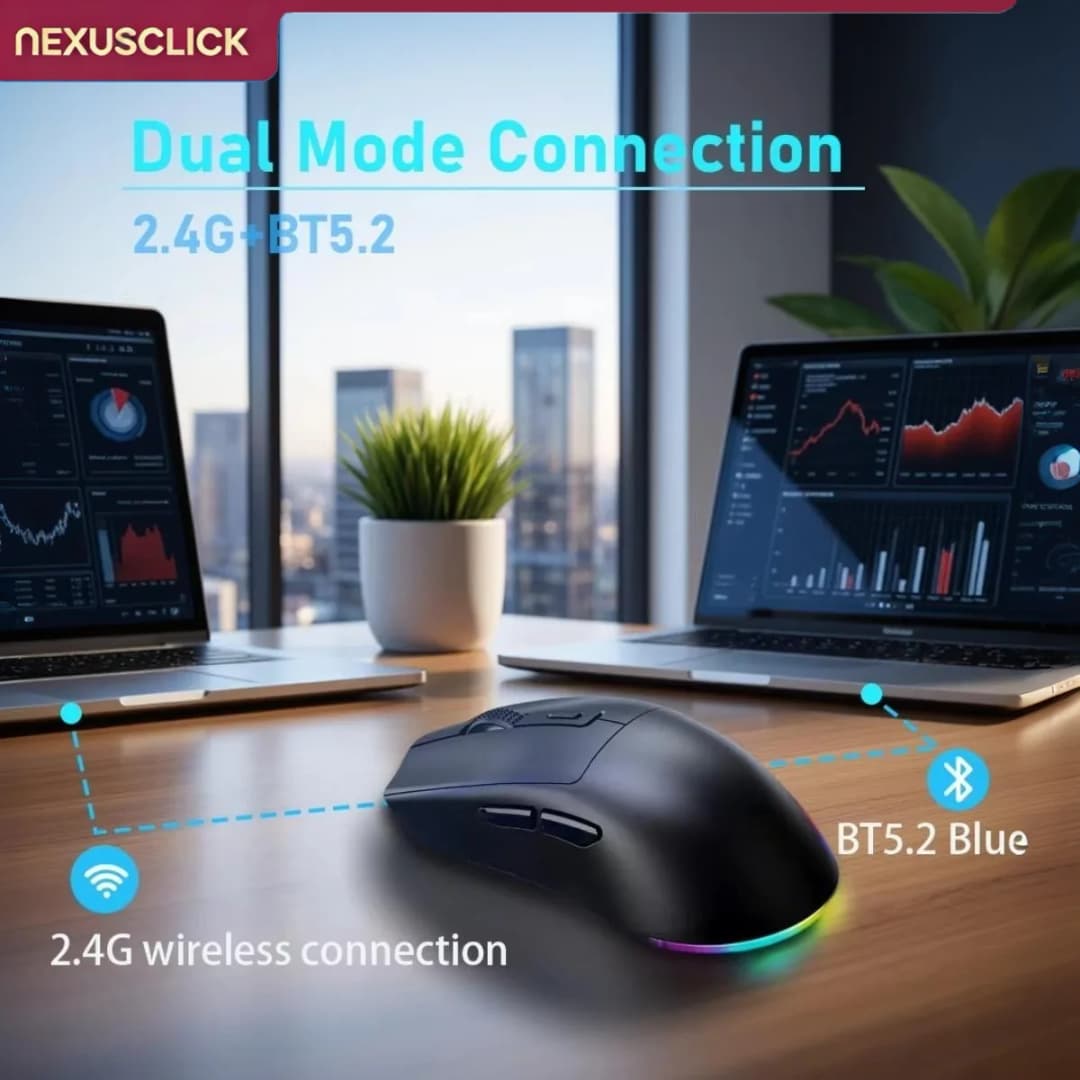 ماوس الألعاب اللاسلكي المريح NexusClick، ماوس خفيف الوزن ثنائي الوضع RGB مع قاعدة شحن مغناطيسية وضبط DPI للكمبيوتر المكتبي - 6