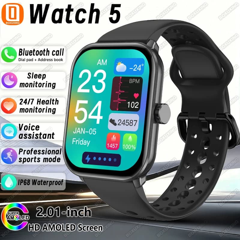 ساعة 5 ساعة ذكية إصدار عالمي رجال نساء شاشة HD AMOLED معدل ضربات القلب بلوتوث مكالمة GPS تتبع مقاومة للماء ساعات رياضية ذكية