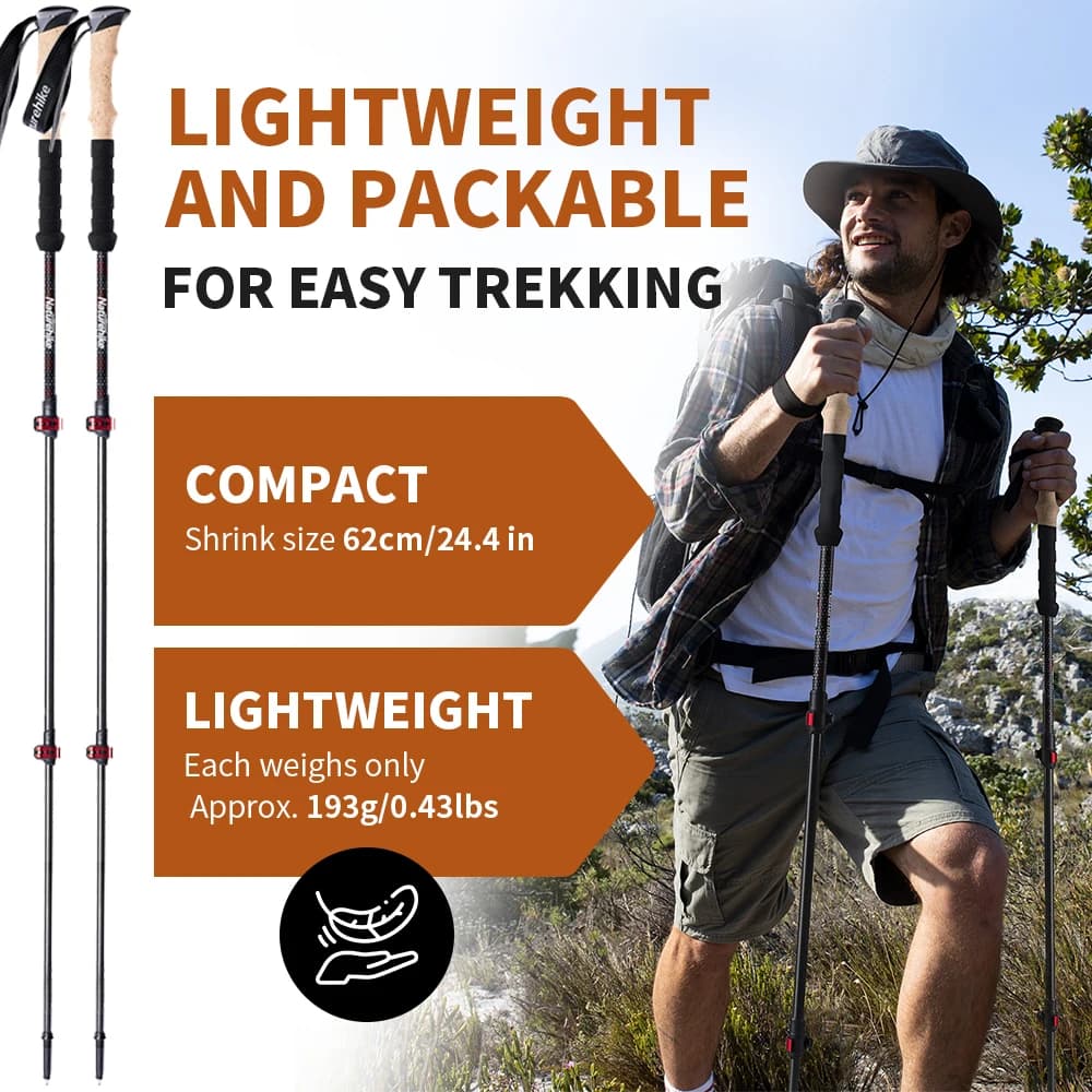 عصي تسلق من Naturehike، 2 قطعة من ألياف الكربون القابلة للطي والتلسكوب، خفيفة الوزن للمشي لمسافات طويلة والتسلق - 2