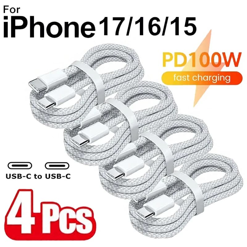4 قطع كابل USB C إلى USB C، 100 واط، شحن سريع، يدعم الشحن السريع لآيفون 17 و16 و15 وسامسونج وشاومي وهواوي وغيرها