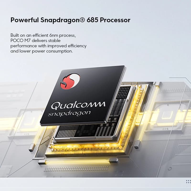 هاتف ذكي POCO M7 إصدار عالمي، معالج Snapdragon® 685، شاشة 6.9 بوصة بمعدل تحديث 144Hz FHD+ DotDisplay، بطارية 7000mAh، شحن سريع 33W، NFC، كاميرا 50MP - 6