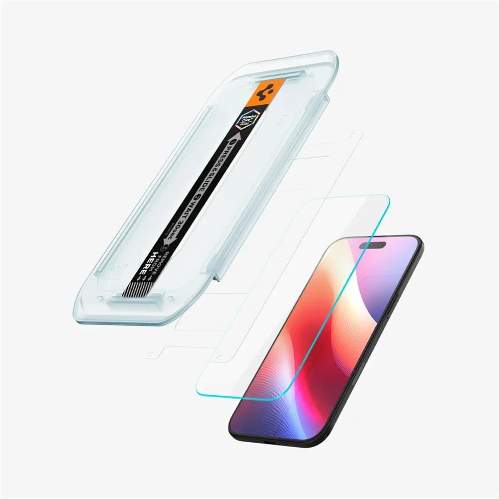 حامي شاشة Spigen Glas.tR EZ Fit من الزجاج المقسى عالي الدقة مع حماية المستشعر، 2 قطعة، متوافق مع iPhone 17 Pro Max و16 و15 و14 Plus