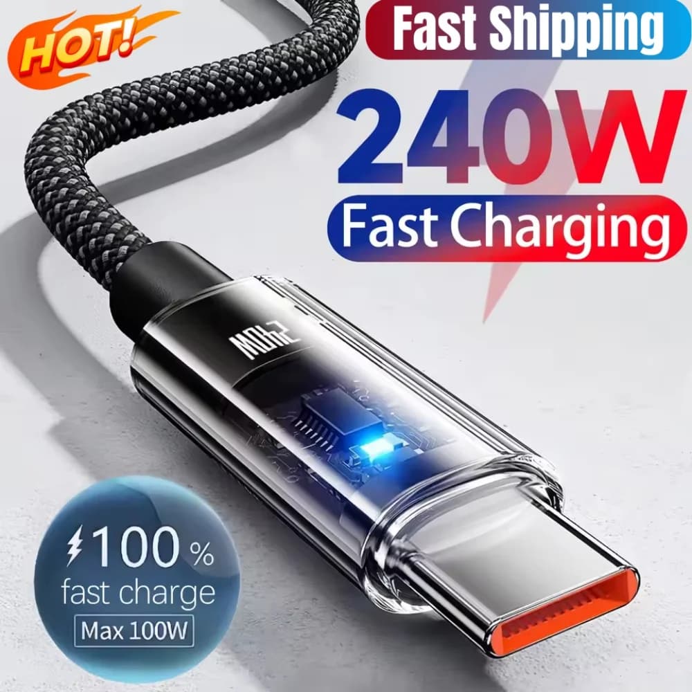 كابل شحن فائق السرعة من النايلون USB Type C بقوة 240 واط مع شاشة عرض رقمية LED لشاحن USB C لنقل البيانات لهواتف سامسونج وشاومي وهواوي وأونور