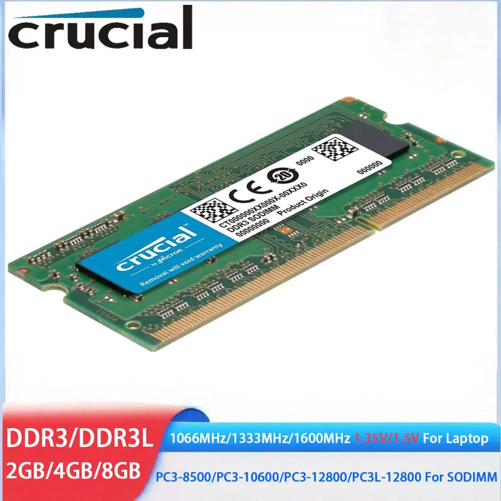 ذاكرة رام Crucial DDR3 DDR3L بسعة 8 جيجابايت و4 جيجابايت و2 جيجابايت بتردد 1066 ميجاهرتز و1333 ميجاهرتز و1600 ميجاهرتز PC3-12800 وPC3-10600 و204 دبابيس و1.35 فولت و1.5 فولت للابتوب SODIMM لاجهزة النوت بوك