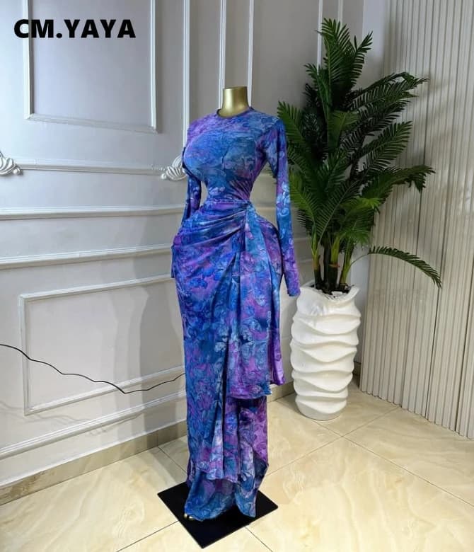 CM.YAYA Women Print O-neck Ruched Ribbon Bodycon Long Dress 2026 Spring Street Evening Birthday Club Party Vestidos Sexy Dresses - 5