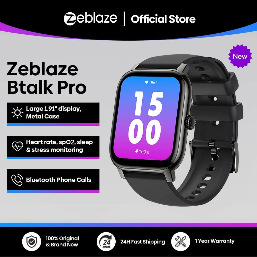 ساعة ذكية Zeblaze Btalk PRO بشاشة HD 1.91 بوصة، مكالمات صوتية، أوضاع رياضية متعددة، تتبع الصحة