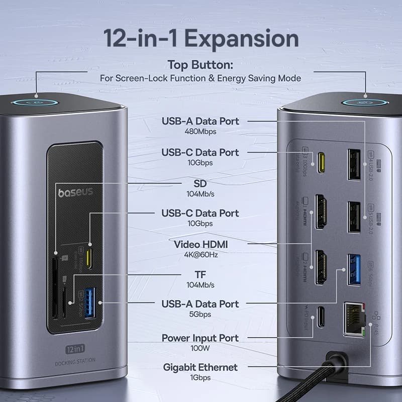 محول Baseus 12 في 1 USB C HUB إلى HDMI 4K@60Hz شاشة مزدوجة محول USB 3.2 مع RJ45 SD TF PD محطة إرساء 100W لجهاز Window Mac Hub - 4