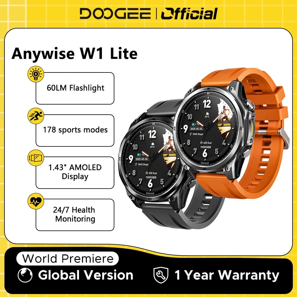 ساعة ذكية DOOGEE ANYWISE W1 Lite مقاومة للماء حتى 50 متر، شاشة 1.43 بوصة، 178 وضع رياضي، مراقبة صحية على مدار 24 ساعة، وظيفة تذكير