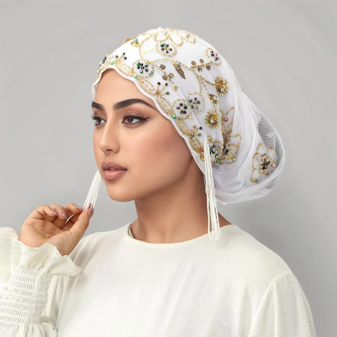 قبعة نسائية إسلامية من الدانتيل واللؤلؤ، قماش شبكي مع خرز أكريليك مطرز، قبعة نسائية عربية لدبي - 6