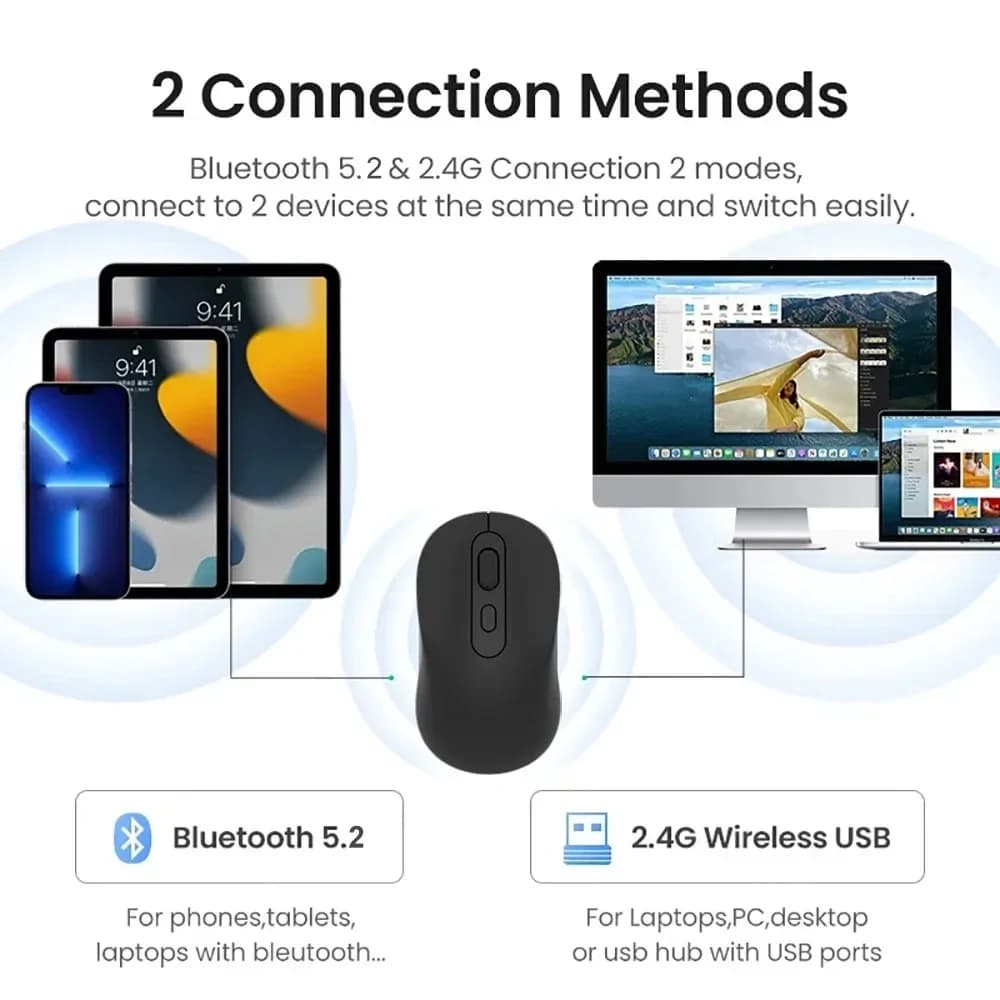 ماوس بلوتوث 5.2 ماوس لاسلكي 2.4G قابل لإعادة الشحن ماوس ألعاب ثنائي الوضع ماوس صامت 1600 DPI لأجهزة الكمبيوتر المحمول ماك بوك برو - 2
