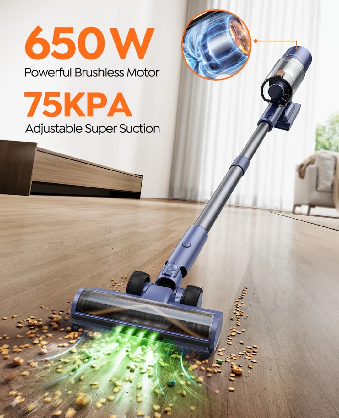 Laresar V11 650W 75000PA Ultra-Strong Cordless Vacuum Cleaner,90 Min Long Runtime,Removable Battery & Smart Display Vacuum - 2