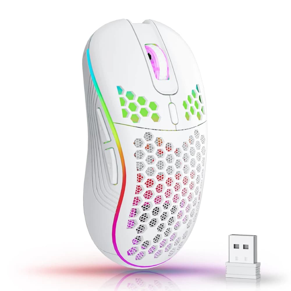 ماوس لاسلكي 2.4 جيجاهرتز مع إضاءة RGB خلفية، 6 أزرار، 3 مستويات DPI، منفذ Type C، ماوس ألعاب مريح بتصميم قرص العسل قابل لإعادة الشحن