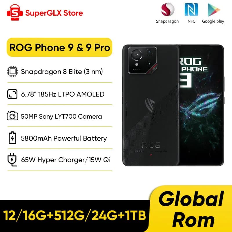 رو إكسبريس هاتف ASUS ROG 9 5G سناب دراجون 8 إيليت شاشة LTPO 6.78 بوصة 185 هرتز بطارية 5800 مللي أمبير شحن 65 واط أندرويد 15 ROG 9 برو