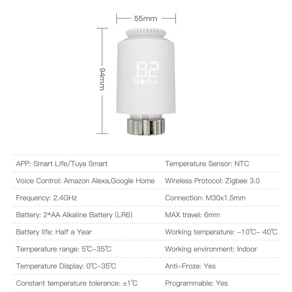 AVATTO 1-6 قطع مشغل مبرد ترموستات ZigBee، صمام تحكم بدرجة الحرارة ترموستات TRV سمارت، تويا أليكسا جوجل هوم - 6