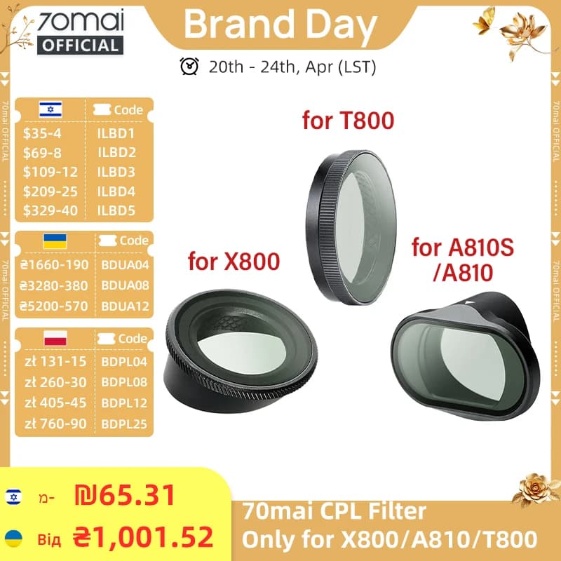 مرشح CPL الأصلي من 70mai مخصص لكاميرا 70mai A810 بدقة 4K وOmni X800 بقنوات 3 وT800 عدسة استقطاب دائري مرشح CPL